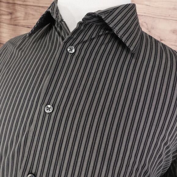 VAN HEUSEN BLACK GREY STRIPED BUTTON DOWN SHIRT MENS SIZE L 16-16.5 - Picture 2 of 7